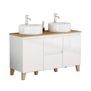 English Elm 47-inch Double Basin Bathroom Vanity Solid Wood Top Glossy White Soft Close W3151S00073
