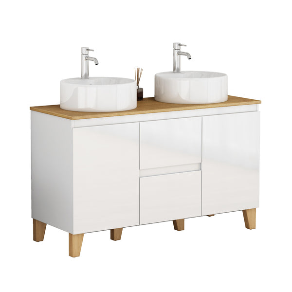 English Elm 47-inch Double Basin Bathroom Vanity Solid Wood Top Glossy White Soft Close W3151S00073