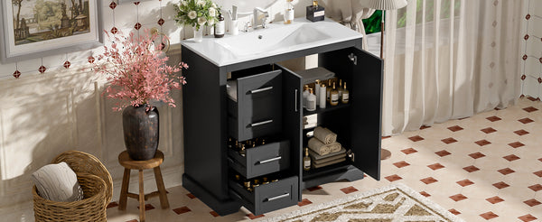 English Elm 36" Modern Bathroom Vanity with Ceramic Sink, Soft-Close Doors, 3 Drawers & Ample Storage for Small Baths Black N729P280194B