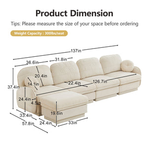 English Elm 137" Oversized Chenille Sectional Sofa with Movable Ottoman and Quilted Cushions W714S01754