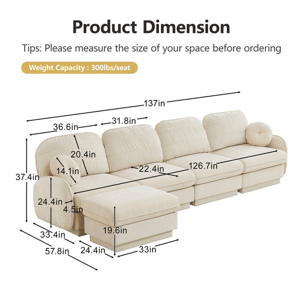 English Elm 137" Oversized Chenille Sectional Sofa with Movable Ottoman and Quilted Cushions W714S01754