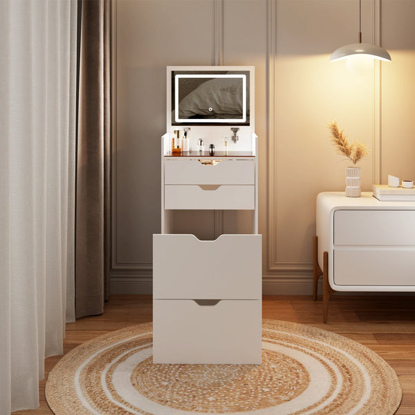 English Elm Dressing Table Set with Led Lit Flip Mirror Hidden Stool and Dual Drawers for Small Spaces W5252P447369