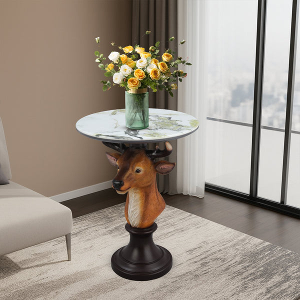 English Elm Horse Head Sculpted Resin End Table with Faux Marble Top for Bold Living Rooms W5398P454677