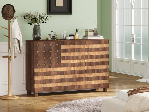 English Elm 55" Walnut Buffet Sideboard Cabinet with Hand-Carved Detail, 2 Drawers, 3 Doors, Adjustable Shelves, Anti-Tip Safety W2977P294024