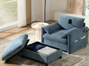 English Elm 37" Oversized Chenille Armchair with Ottoman Usb Charging Pocket Spring Living Room Blue N723P387145C