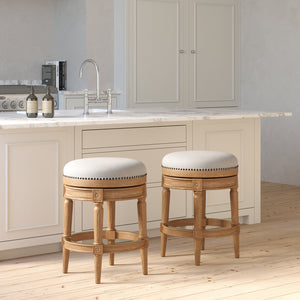 English Elm 26in. Faux Leather Swivel Barstool Nailhead Trim Carved Wood Counter Height Kitchen Oak B2751P436442