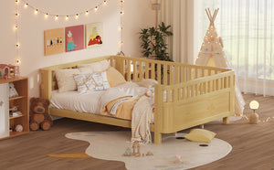 English Elm Queen Low Profile Pine Wood Kids Platform Bed with Guardrails and Rounded Safety Posts Natural W2593P409123