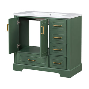 English Elm 36-inch Green Traditional Bathroom Vanity with Resin Sink, 2 Doors 4 Drawers, Gold Handles, Soft-Close hinges, 36"W x 18"D x 34"H SV000026AAF