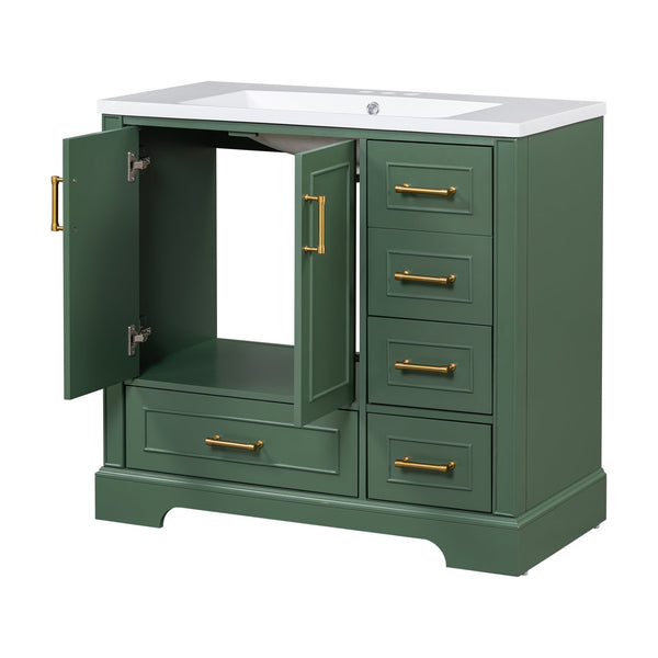 English Elm 36-inch Green Traditional Bathroom Vanity with Resin Sink, 2 Doors 4 Drawers, Gold Handles, Soft-Close hinges, 36"W x 18"D x 34"H SV000026AAF