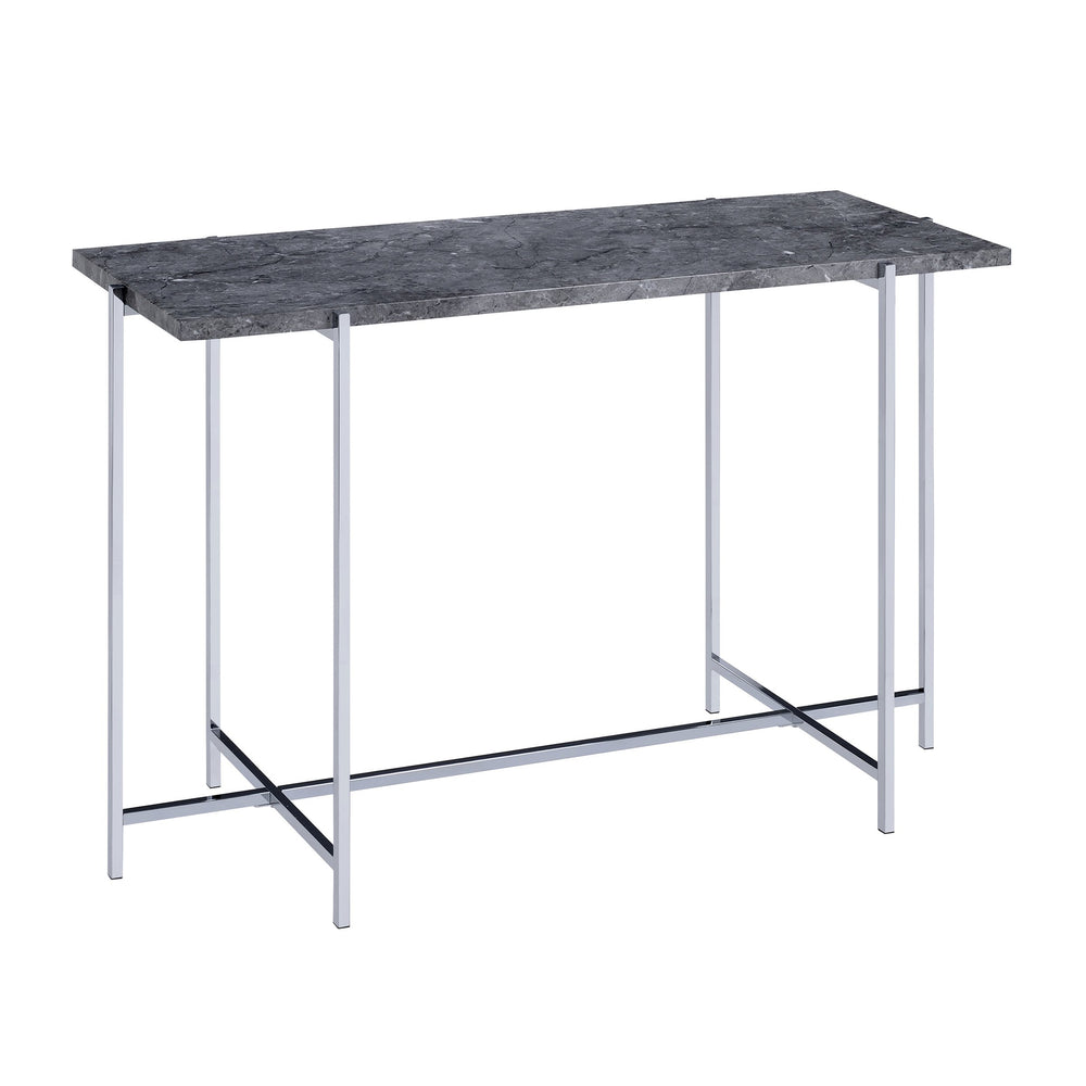 English Elm Grey Rectangle Sofa Table with Faux Marble Top and Chrome Frame — Narrow Console for Hallway, Living Room Decor, 49.5" Wide, Durable Surface B062P185680