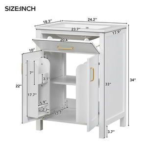 English Elm 24"Bathroom Vanity Combo with Ceramic Sink, Space-Saving Modern White Vanity with Gold Handles, 2 Doors WF323088AAK