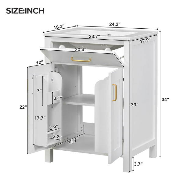 English Elm 24"Bathroom Vanity Combo with Ceramic Sink, Space-Saving Modern White Vanity with Gold Handles, 2 Doors WF323088AAK