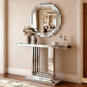 English Elm Mirrored Console Table Silver Glam Entryway Piece with Geometric U Base and Etched Detail W1445P370476