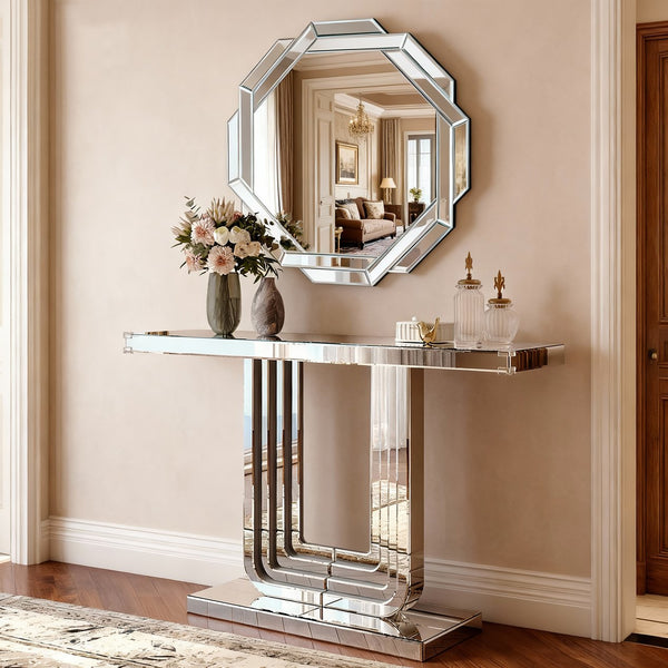 English Elm Mirrored Console Table Silver Glam Entryway Piece with Geometric U Base and Etched Detail W1445P370476
