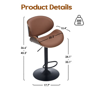English Elm Counter Height Stools Set of 2 Mid-century Metal Legs Ergonomic Kitchen Island Seating Brown T3623P430919