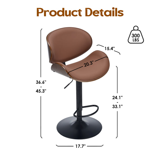 English Elm Counter Height Stools Set of 2 Mid-century Metal Legs Ergonomic Kitchen Island Seating Brown T3623P430919