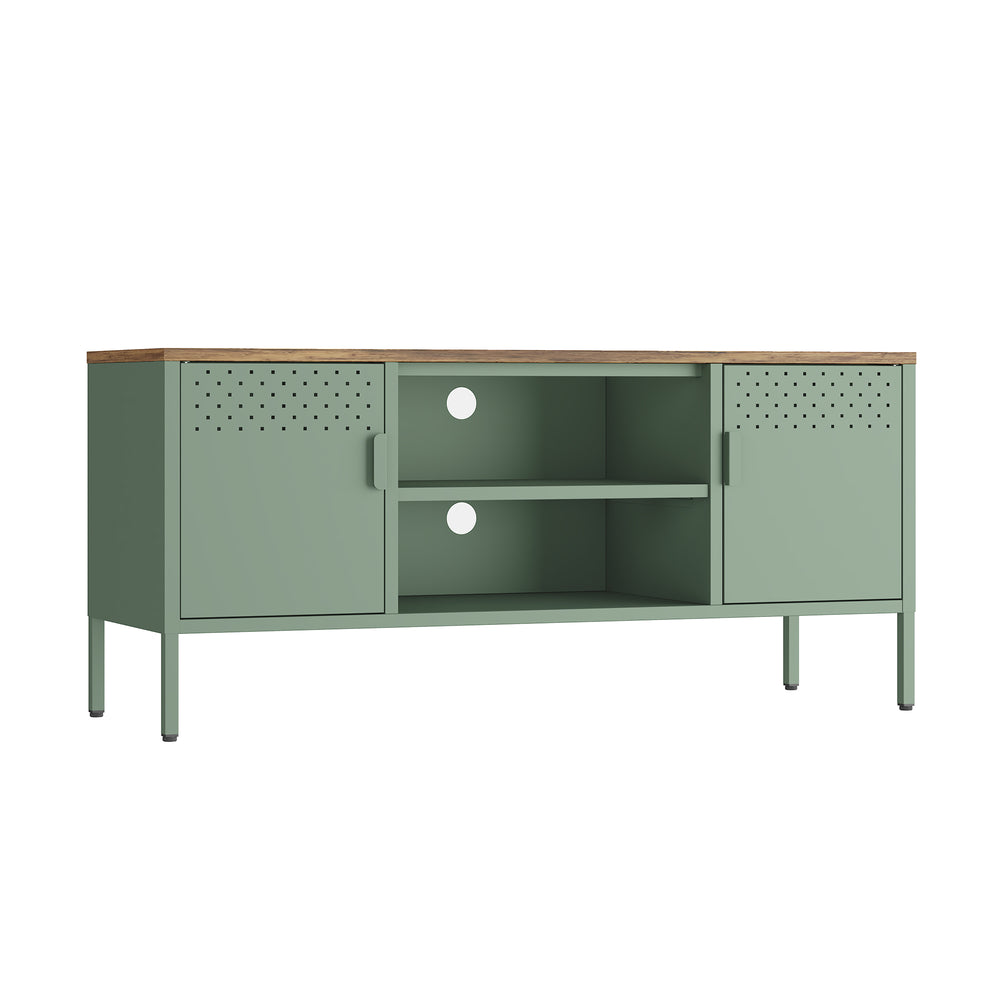 English Elm Landen 47" Metal Storage Cabinet with Wood Top and Cable Management — Sleek Industrial TV Console, Adjustable Legs Sage Green B365P397847