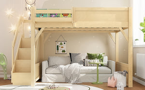 English Elm Twin Low Loft Bed Solid Pine Frame Kids Study Desk Blackboard Storage White Natural W1580S00549
