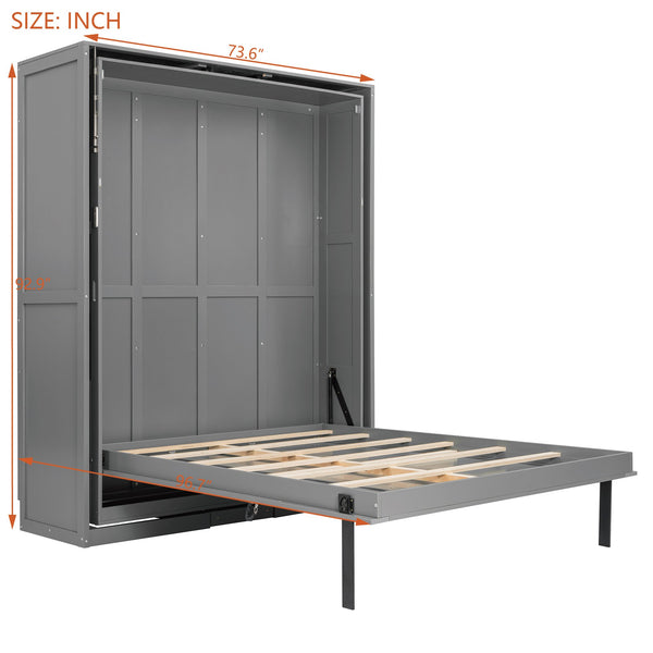 English Elm Rotating Queen Murphy Wall Bed with 14 Open Shelves Hydraulic Lift Space Saving Gray LP000962AAE