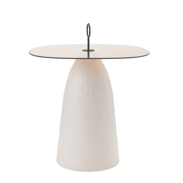 English Elm Indoor Oval Brown Glass Top Accent Table with Sculptural White Conical Base N772P385365W