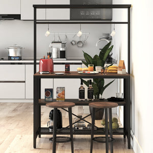 English Elm kitchen Island Table 3-Tier Bakers Rack with Microwave Shelf, Wood Grain Top, Metal Frame, Hooks & Stools Storage W331S00183