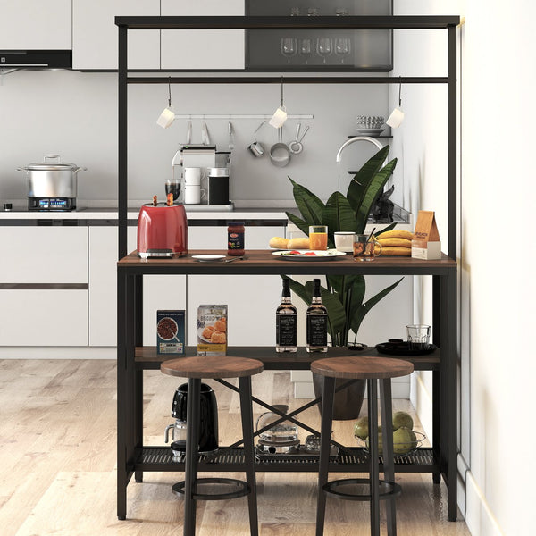 English Elm kitchen Island Table 3-Tier Bakers Rack with Microwave Shelf, Wood Grain Top, Metal Frame, Hooks & Stools Storage W331S00183