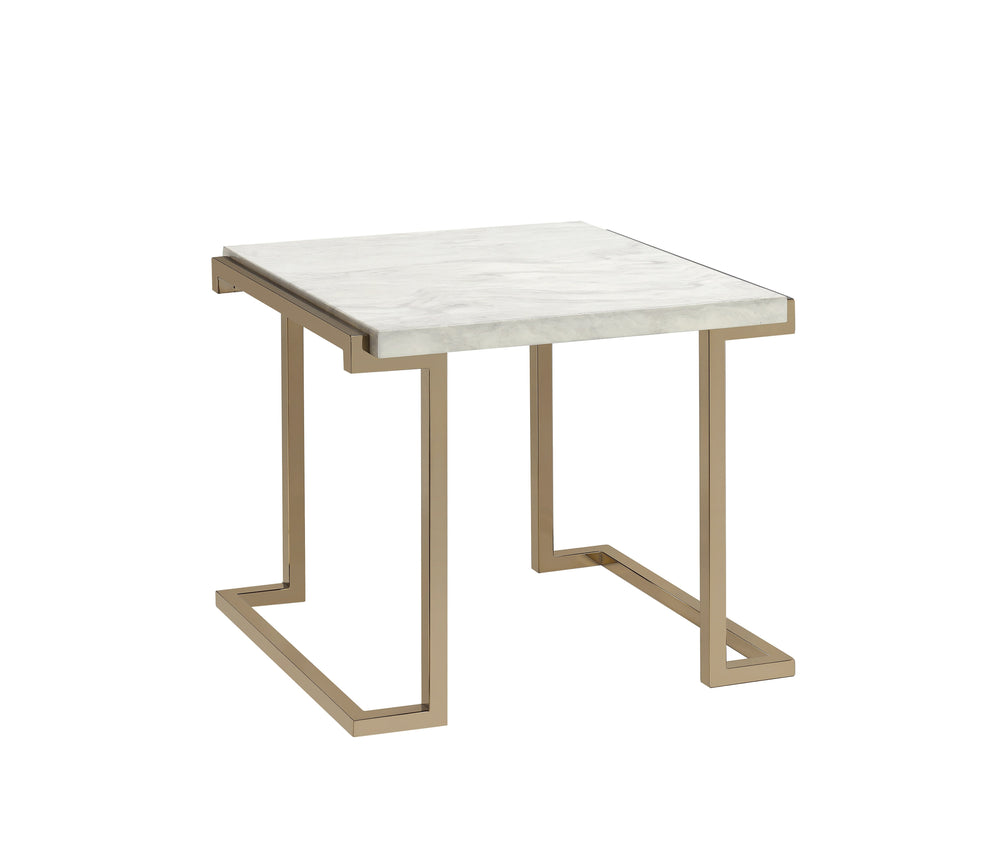 English Elm Boice Champagne Faux Marble Top End Table with Champagne Metal "C" Base, KD Assembly, Modern Glam Finish B2726P410329