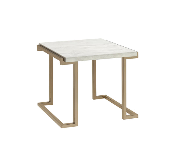 English Elm Boice Champagne Faux Marble Top End Table with Champagne Metal "C" Base, KD Assembly, Modern Glam Finish B2726P410329