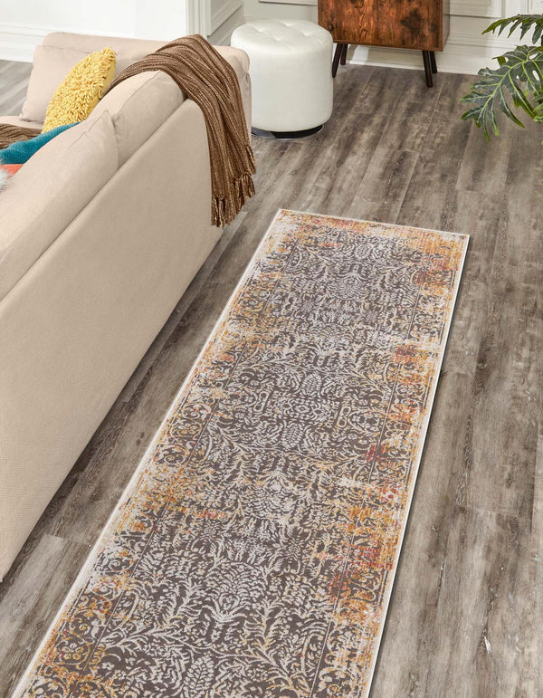 Unique Loom Deepa Emblem Machine Made Floral / Botanical Rug Gray, Ivory/Red 2' 6" x 12' 2"