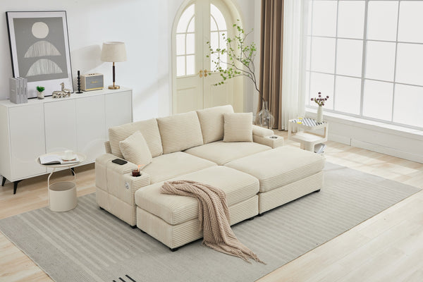 English Elm Corduroy Upholstered Chaise Lounge Sofa with Movable Ottoman, Cup Holder, Deep Seat Comfort Beige W2120S00008
