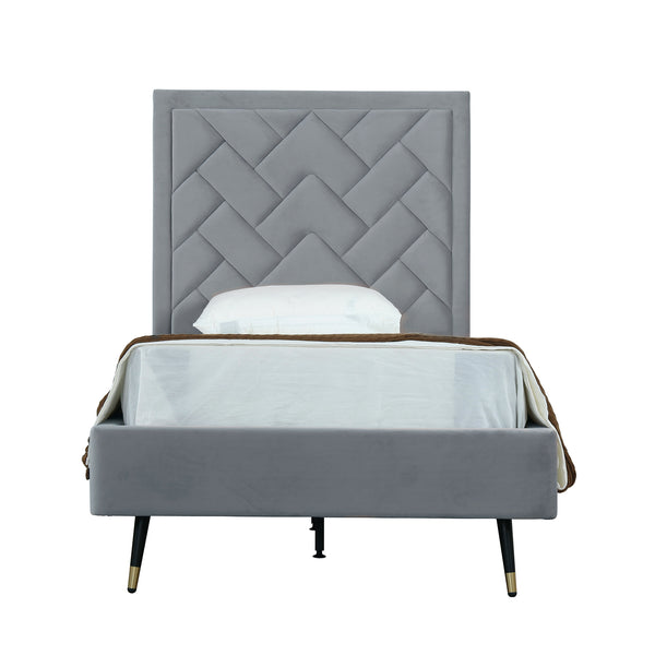 English Elm Crosby Twin Upholstered Velvet Bed with Chevron Stitched Headboard, Solid Slats, No Box Spring Needed Grey B365S00044