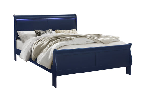 English Elm CHARLSTON Solid Wood Twin Bed with LED Lighting, Sleigh-Style Blue Finish, Transitional Design B201S00219