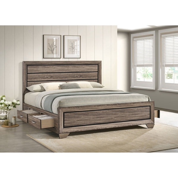 English Elm Oatfield Rustic Washed Taupe Eastern King Storage Bed with Horizontal Panels & 4 Underbed Drawers B062S00949