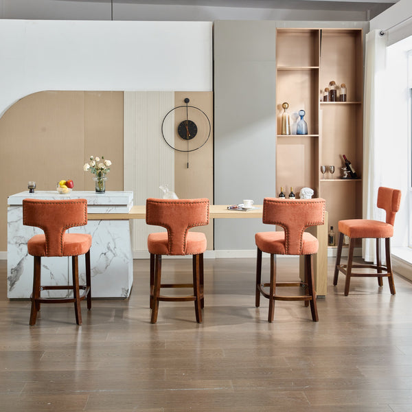 English Elm Mid Curved Backrest Bar Stools Set of 2 with Copper Nail Trim, High-Density Foam & Walnut Legs Orange W1143P296349