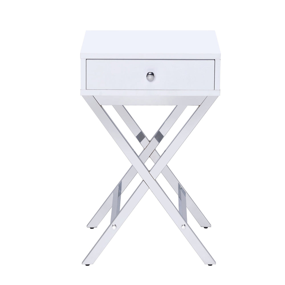 English Elm White White and Chrome 1-Drawer Rectangular Accent Table with Sleek X-Base, Compact Storage for Small Spaces B062P185654