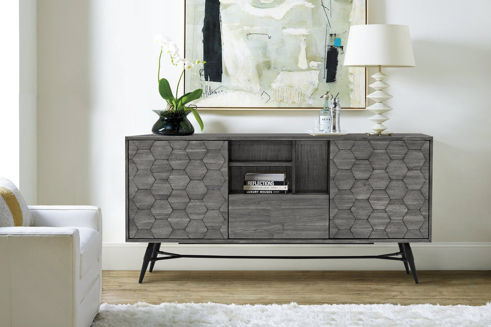 English Elm Makena Solid Acacia Buffet with Carved Honeycomb Doors and Gray Weathered Finish B2736P464857