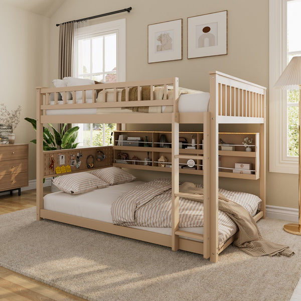 English Elm Full Over Bunk Bed with Led Lighting Pegboard Shelving and Pine Wood Frame Beige LT000278AAA