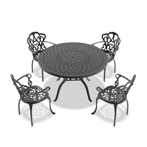 English Elm 5-piece Cast Aluminum Outdoor Dining Set with Ornate Relief Patterned Chairs and Table W1710S00558
