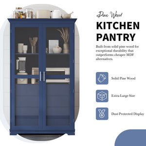 English Elm Topmax Solid Pine Pantry Cabinet with Glass Doors Four Drawers Kitchen Storage SP000086AAC