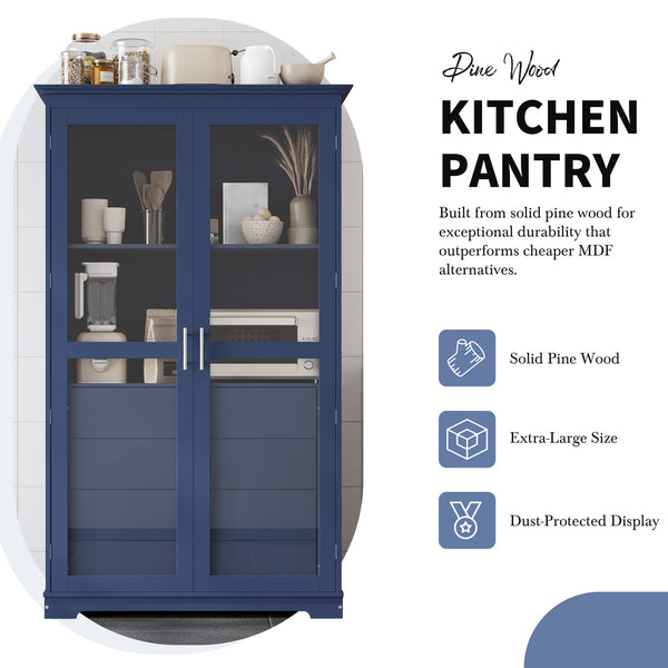 English Elm Topmax Solid Pine Pantry Cabinet with Glass Doors Four Drawers Kitchen Storage SP000086AAC