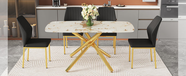 English Elm Table and Chair Set Marble Glass Top Gold X Base with Black Pu Seating for Four W1151S04542