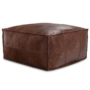 English Elm Sheffield Distressed Brown Leather Pouf Ottoman - Handcrafted 26" Round, Supportive Polystyrene Fill B136P252625