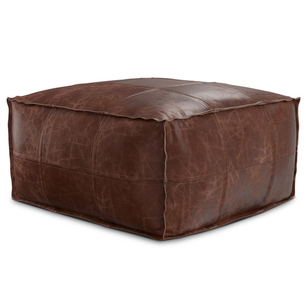English Elm Sheffield Distressed Brown Leather Pouf Ottoman - Handcrafted 26" Round, Supportive Polystyrene Fill B136P252625