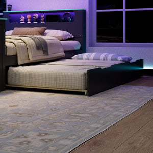 English Elm Full Size Wood Platform Daybed with Trundle Desk Rgb Led Lighting Gaming Bedroom Black+Blue LT000284AAC
