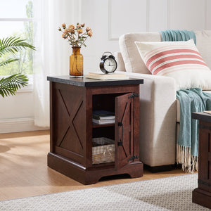 English Elm Farmhouse Rustic End Table with Barn Door Concealed Storage, Metal Handle, Retro Decor, Sturdy Base Oak W2275P192794
