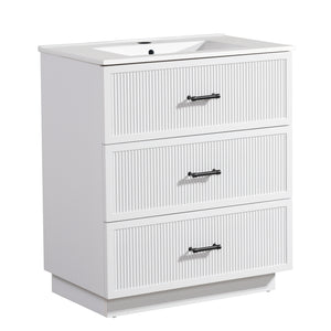 English Elm 30 Inch Bathroom Vanity With Ceramic Sink - Modern Freestanding Storage Cabinet, 2 Drawers, White Finish W1550S00045
