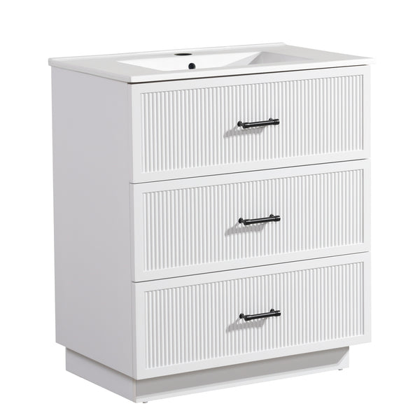 English Elm 30 Inch Bathroom Vanity With Ceramic Sink - Modern Freestanding Storage Cabinet, 2 Drawers, White Finish W1550S00045