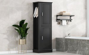English Elm Tall Bathroom Storage Cabinet - Freestanding With Adjustable Shelves, Hooks & Modern Black Design N725P241834B-GIGA