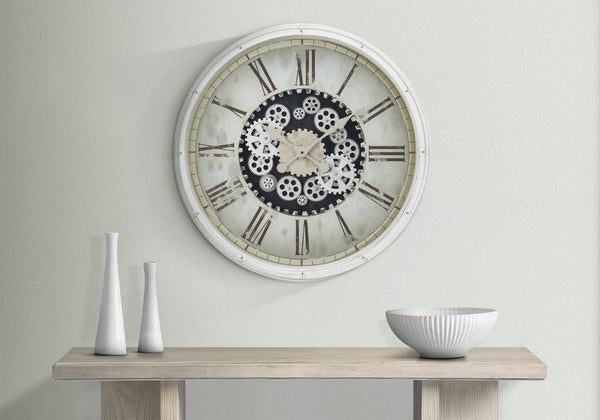 English Elm Clocks, 30" Oversized Round Wall Clock With Exposed Gear Mechanism - Modern Vintage Design In White B2710P287137
