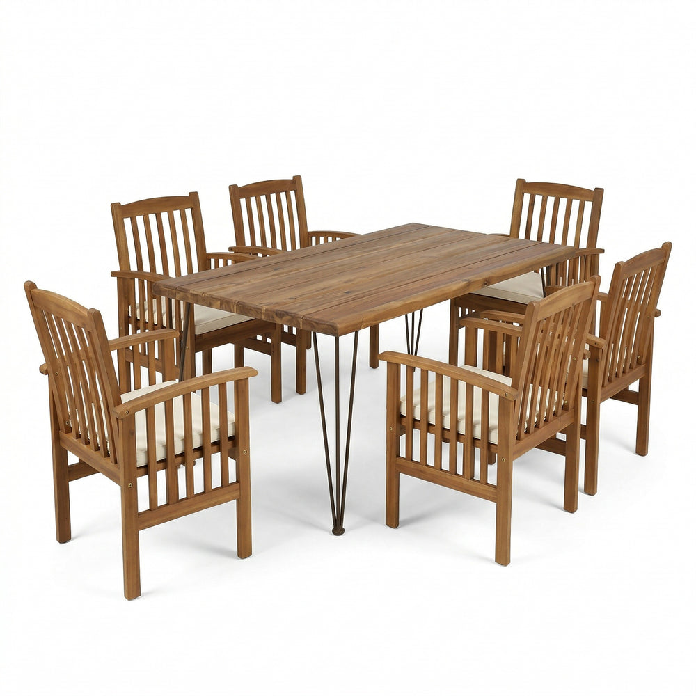 English Elm 7 Piece Solid Acacia Outdoor Dining Set with Teak Finish and Grey Cushioned Chairs N762S000038AAA